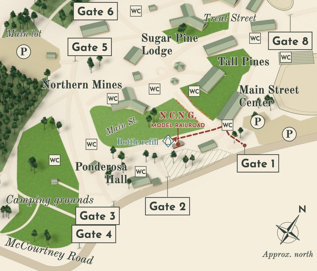 Illustrated map, not to scale, of the fairgrounds around the model railroad. A red dashed line runs from Gate 1 to the restrooms at Main Street Center, then turns left along Main Street to the red Quonset hut. The map also marks the bottle refill just past the hut and the restricted area behind it. The image links to the full fairgrounds map.