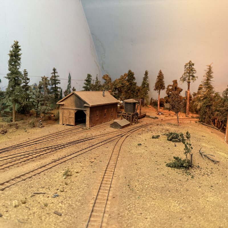 Wooden engine shed and water tank among trees at the end of yard tracks