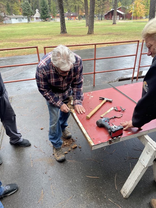 Volunteers constructing layout at Nevada County Fairgrounds